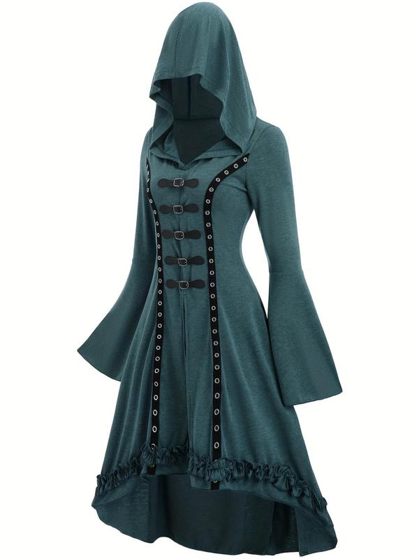 Women's Grommet Eyelet Buckle Decor Frill Trim High Low Hem Hooded Dress, Punk Fashion Flounce Sleeve A Line Dress for Party Holiday, Women's Clothing for Fall & Winter