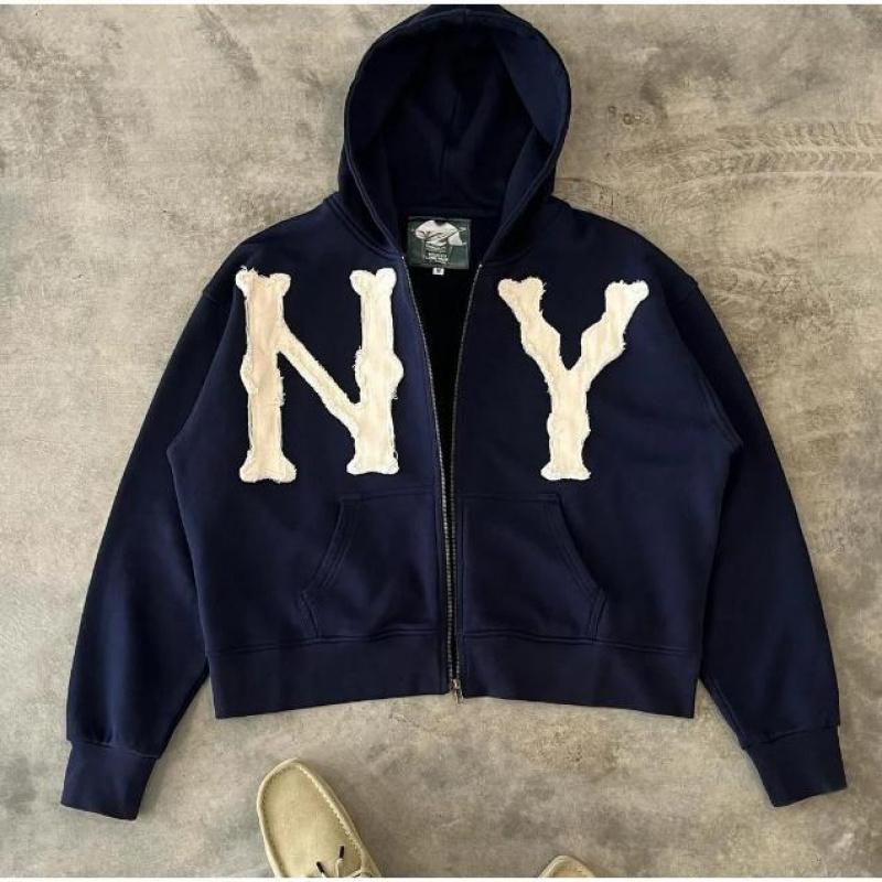 New York Unisex Letter Embroidery Trendy Hoodies Zip Up Casual Overlook Colorful Y2K Hip Hop Streetwear Harajuku Jacket