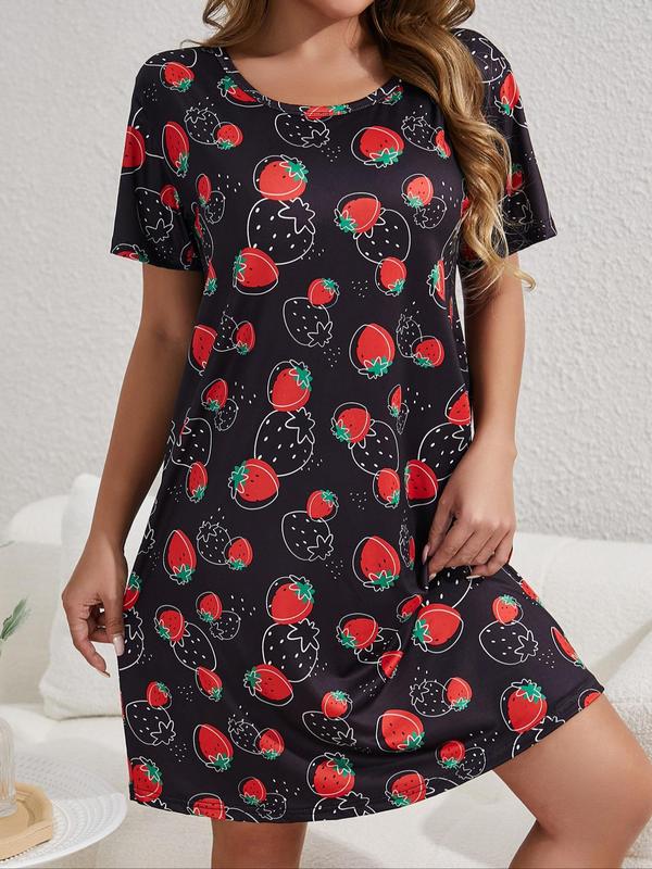 Women's Strawberry Print Round Neck Nightdress, Casual Soft Comfortable Short Sleeve Nightgown for Daily Home Wear, Ladies Sleepwear for All Seasons