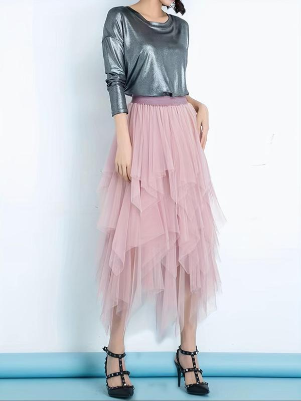 Women's Asymmetrical Hem Tiered Layer Tulle Skirt, Elegant High Waist Midi Skirt For Party Holiday Vacation, Ladies Summer Clothes