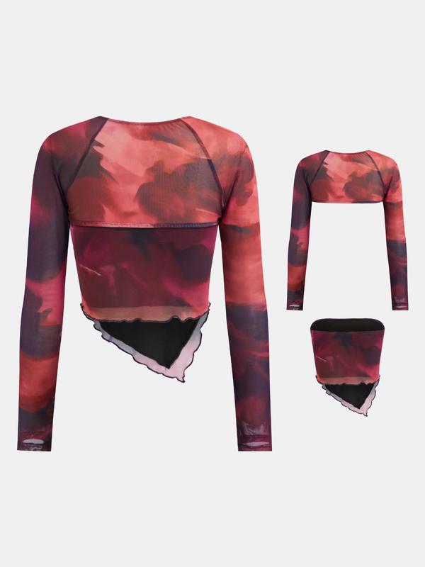 Black Friday Deals YOZY [3 colors] All Over Print Crop Tube Top & Sheer Raglan Sleeve Open Front Outerwear Set, Fashion Cozy Asymmetrical Hem Tube Top & Long Sleeve Outwear Set, Christmas 2024 Trend,Thanksgiving Clothing,Fall Clothing,Winter Clothing