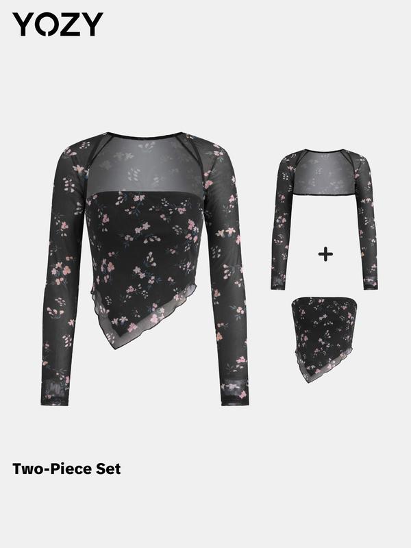 Black Friday Deals YOZY [3 colors] All Over Print Crop Tube Top & Sheer Raglan Sleeve Open Front Outerwear Set, Fashion Cozy Asymmetrical Hem Tube Top & Long Sleeve Outwear Set, Christmas 2024 Trend,Thanksgiving Clothing,Fall Clothing,Winter Clothing