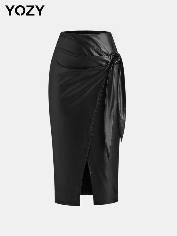 YOZY Women's Solid Ruched Wrap Tie Side PU Leather Skirt, Fashionable Split Hem Bodycon Skirt for Daily Outdoor Wear, Ladies Bottoms for All Seasons