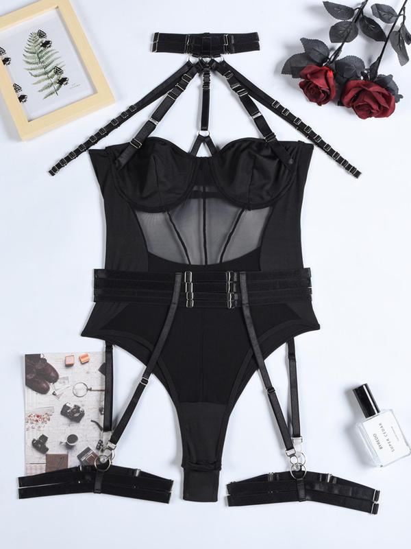 Women's Contrast Mesh Cut Out Bodysuit, Adjustable Strap Sexy Lingerie, Soft Comfy Breathable Lingerie for All Seasons