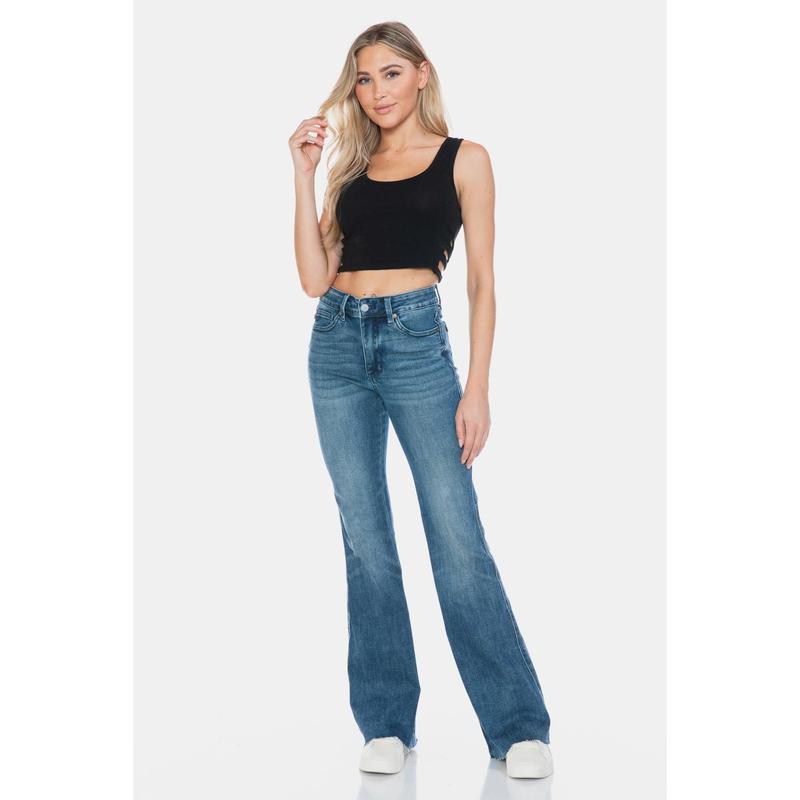 Judy Blue Full Size Tummy Control Cut Hem Flare Jeans Womenswear Bottom Comfortable Twist Underwear Vintage judy blue