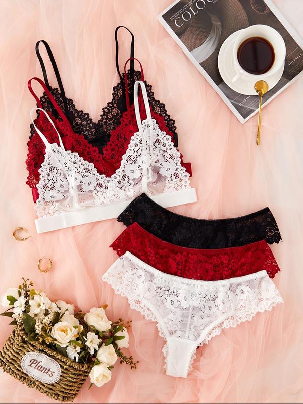 Women's Sheer Floral Lace Sexy Lingerie Set, Adjustable Strap Wireless Bra & Thong Set, Lingerie Set for Women