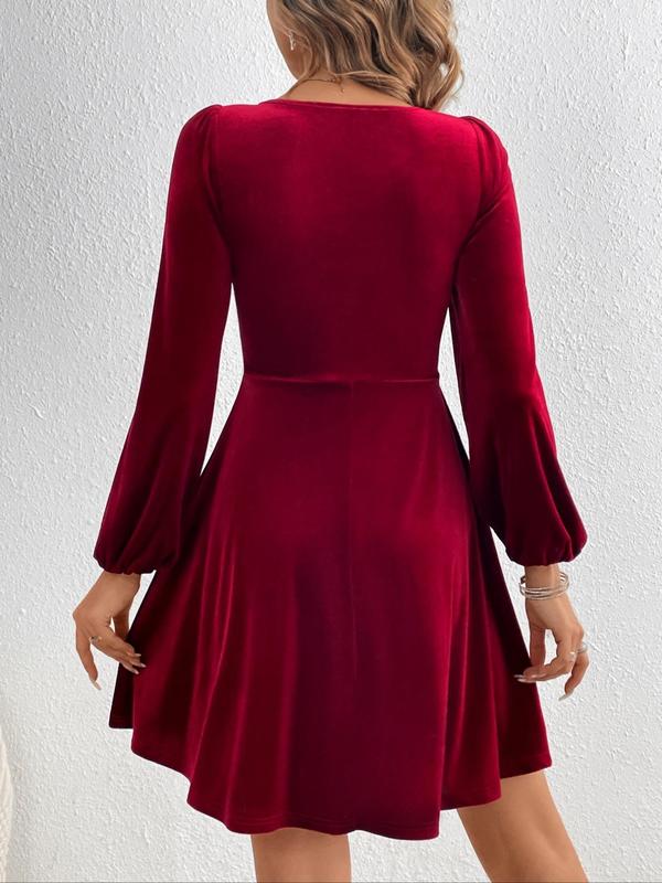 Women's Velvet Twist Front Bishop Sleeve Dress, Elegant Deep V Neck Long Sleeve A Line Short Dress for Party Holiday Wedding Guest, Ladies Fall & Winter Clothes