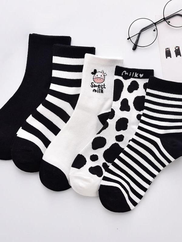 Women's 5 Pairs Cartoon & Striped Print Crew Socks, Cute Casual Moisture Wicking Socks, Soft Comfy Breathable Socks For All Seasons Daily Wear