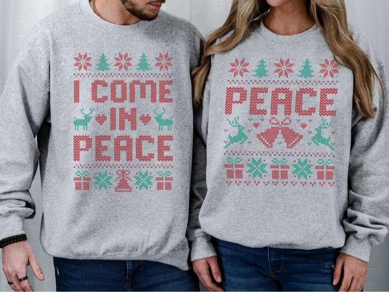 Matching Couples Ugly Christmas Sweatshirt, Matching 'I Come In Peace' Xmas Sweatshirts, Holiday Party Humor, Funny Christmas Party Outfit