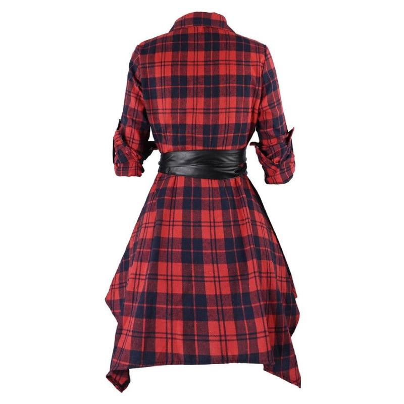 Retro Stage 1950S Red Plaid Sleeve Shirt Dress with Asymmetrical Hem and Leather Belt Perfect for Commuting Casual Outings and Dates Designed to Accentuate Waistline with a Retro Look Ideal for Making a Fashion Statement in Social or Professional Setting