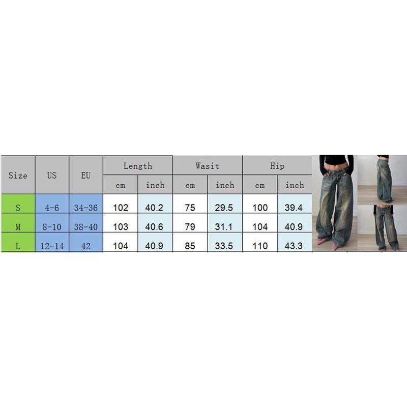 Women Vintage Denim Washed Jeans Pockets Low-Rise Baggy Full Length Pull-On Trousers, Ladies Clothes for Daily Wear Cotton Womenswear