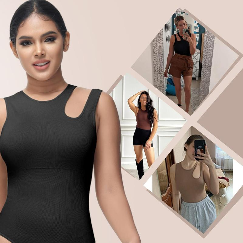 Soo slick Shapewear Bodysuit for Women Tummy Control Tops Cutout Sleeveless Bodysuit Thong Sculpting with Removable Padding Fabric Womenswear Comfortable Compression Seamless Lady Comfort Round Neck Style Minimalist Stretchy Basic Crewneck viral shapewear