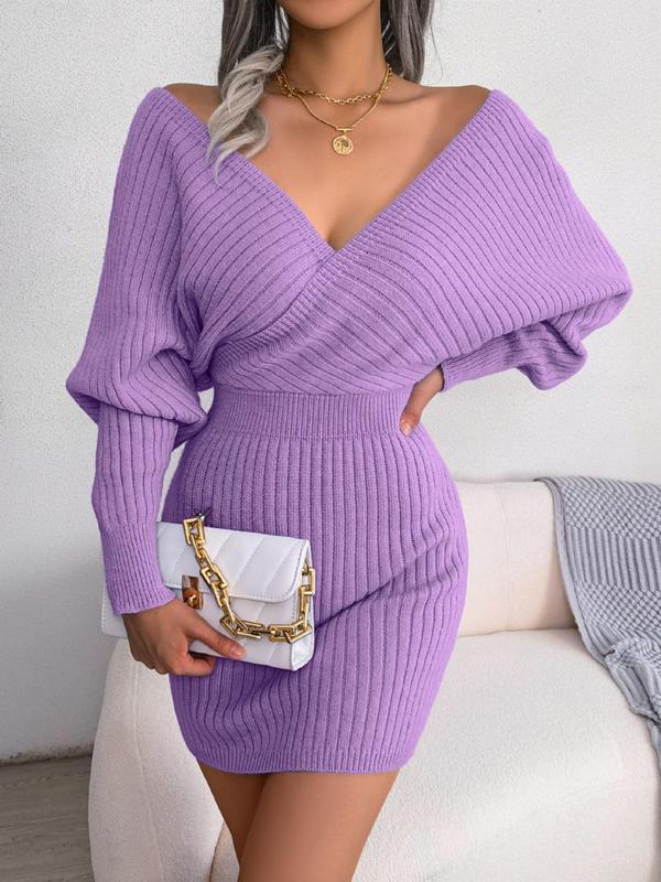 Women's Solid Color Basic Chic Plain Wrapped V Neck Leg-of-mutton Sleevesweater Dress, Comfort Casual Bodycon Fit Lady Minimalist Slim-fit Long Sleeve Bodycon Jumper Dress, Womenswear for Casual Wear