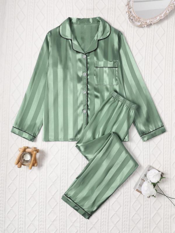 Two-Piece Set Women's Striped Print Button Front Pocket Shirt & Elastic Waist Pants Satin Pyjama, Long Sleeve Lapel Top & Trousers PJ Set, Women's Sleepwear for All Seasons