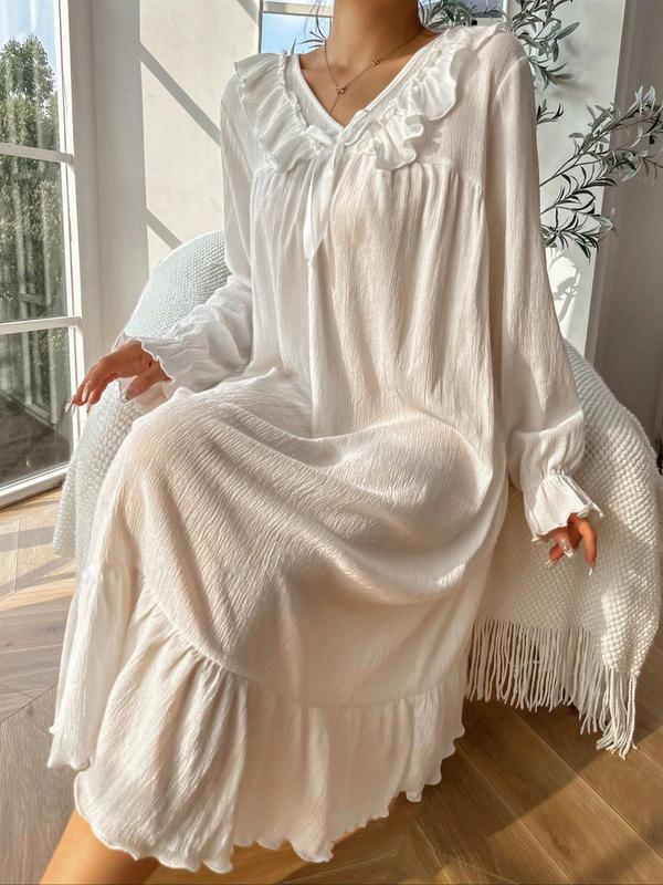 Women's Textured Bow Front Ruffle Trim Nightdress, Solid V Neck Flounce Sleeve Nightgown for Daily Wear, Soft Comfortable Sleepwear for Women