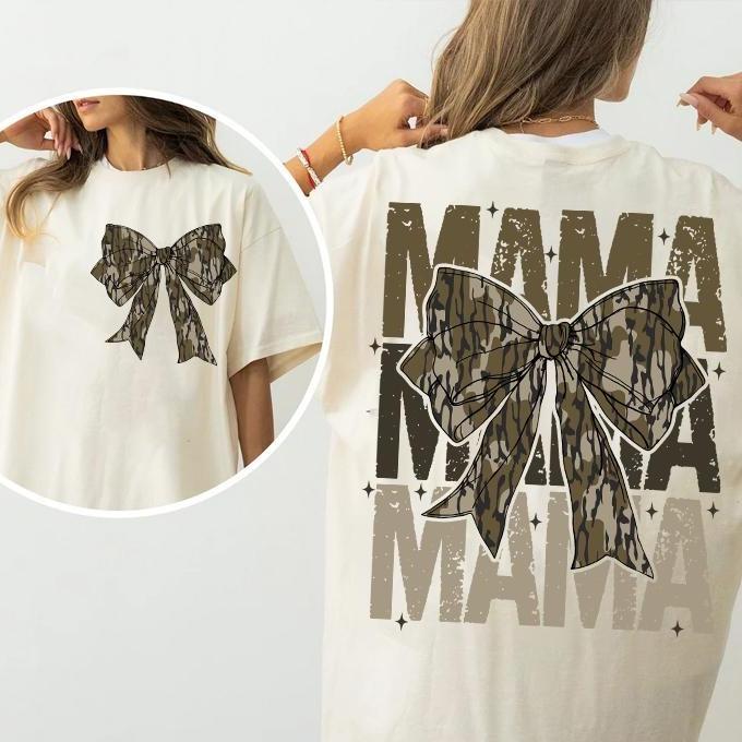 Mama Camo Coquette Bow Oversized Print 2 Sides Sweatshirt, Old School Camo Shirt, Girls Camo Bow Tee, Retro Hunting, Coquette Bow, Camo Dude