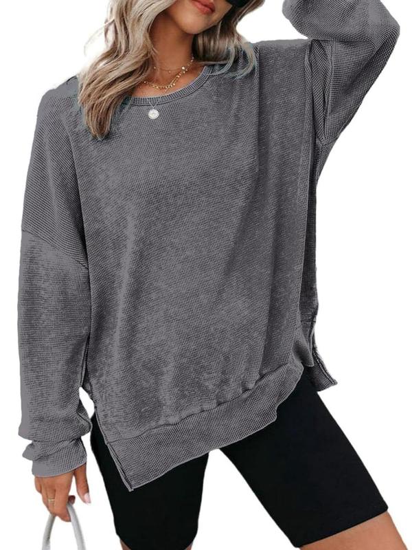 Women's Plain Split Hem Drop Shoulder Sweatshirt, Casual Long Sleeve Round Neck Pullover for Fall & Winter, Ladies Clothes for Daily Wear