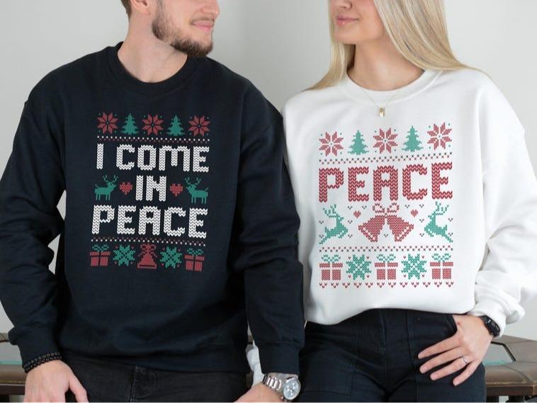 Matching Couples Ugly Christmas Sweatshirt, Matching 'I Come In Peace' Xmas Sweatshirts, Holiday Party Humor, Funny Christmas Party Outfit