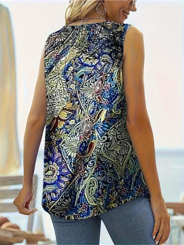  Ethnic Pattern Plicated Square Neck Tank Top, Boho Sleeveless Top for Summer, Women's Clothing for Daily Wear