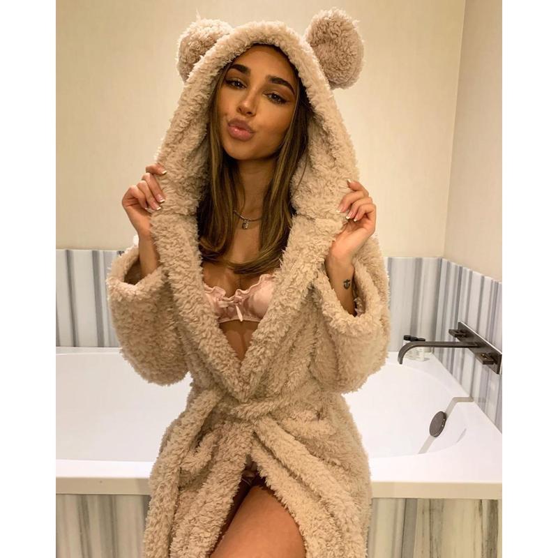 Women Winter Warm Night Robe Double-sided Plush Cute Animal Ears Hooded Nightgown Long Sleeve Lace-up Bath Robes Pajamas