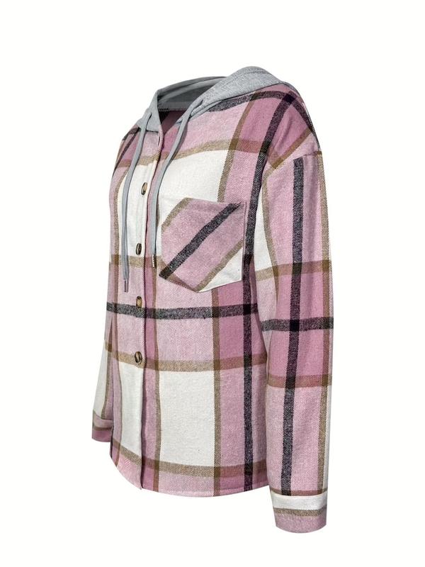 Women's Plaid Print Button Front Hooded Coat, Casual Drawstring Pocket Outerwear For Fall & Winter, Ladies Clothes For Daily Wear