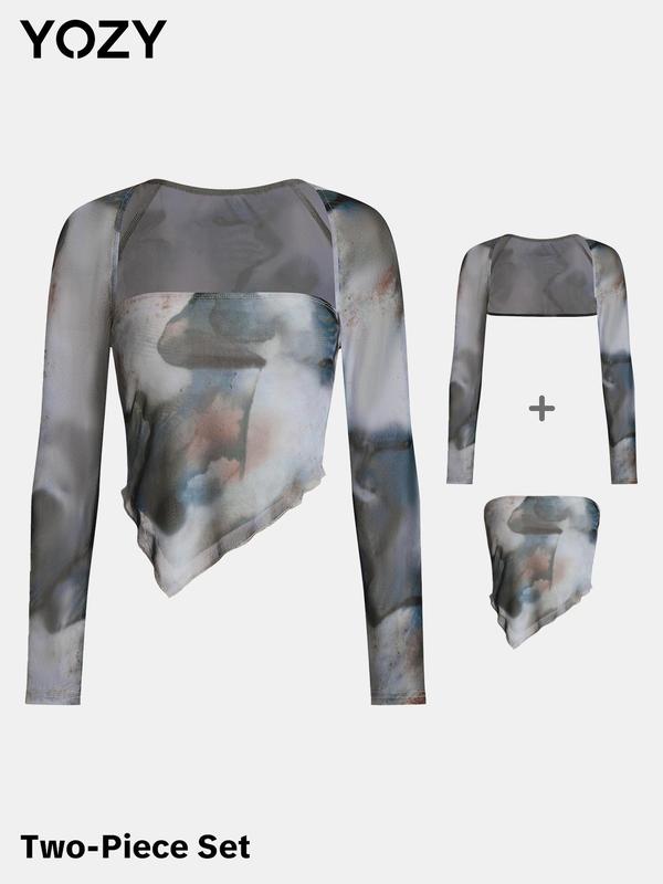 Black Friday Deals YOZY [3 colors] All Over Print Crop Tube Top & Sheer Raglan Sleeve Open Front Outerwear Set, Fashion Cozy Asymmetrical Hem Tube Top & Long Sleeve Outwear Set, Christmas 2024 Trend,Thanksgiving Clothing,Fall Clothing,Winter Clothing