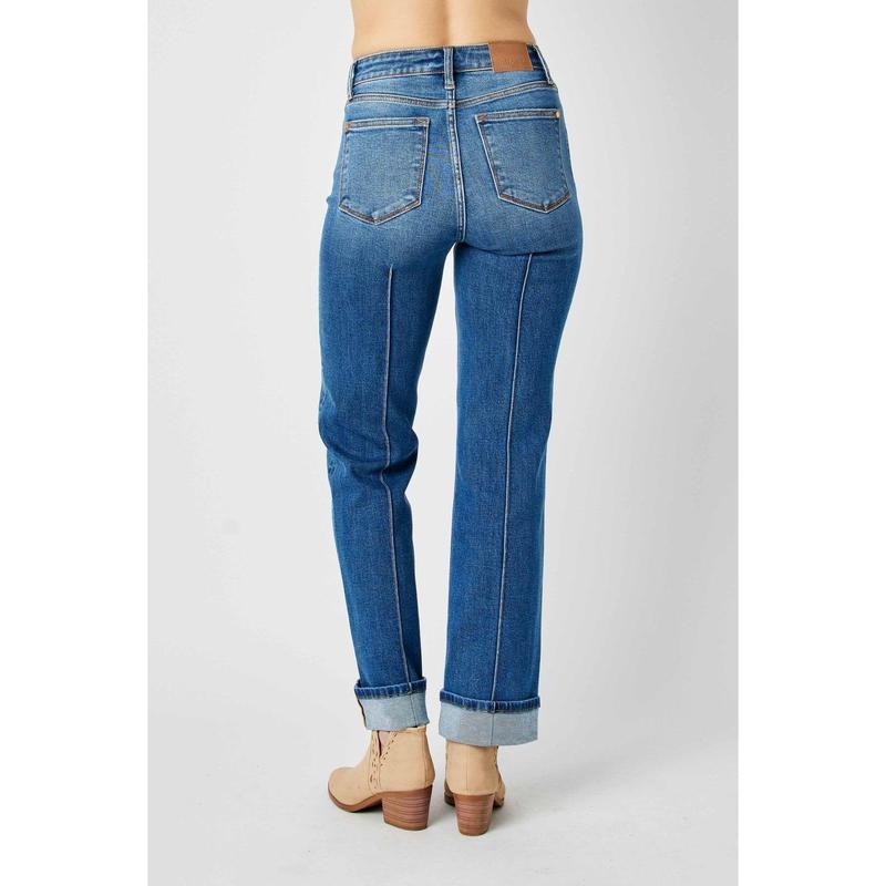 JUDY BLUE HI WAIST FRONT SEAM DETAIL & CUFFED STRAIGHT LEG JEANS