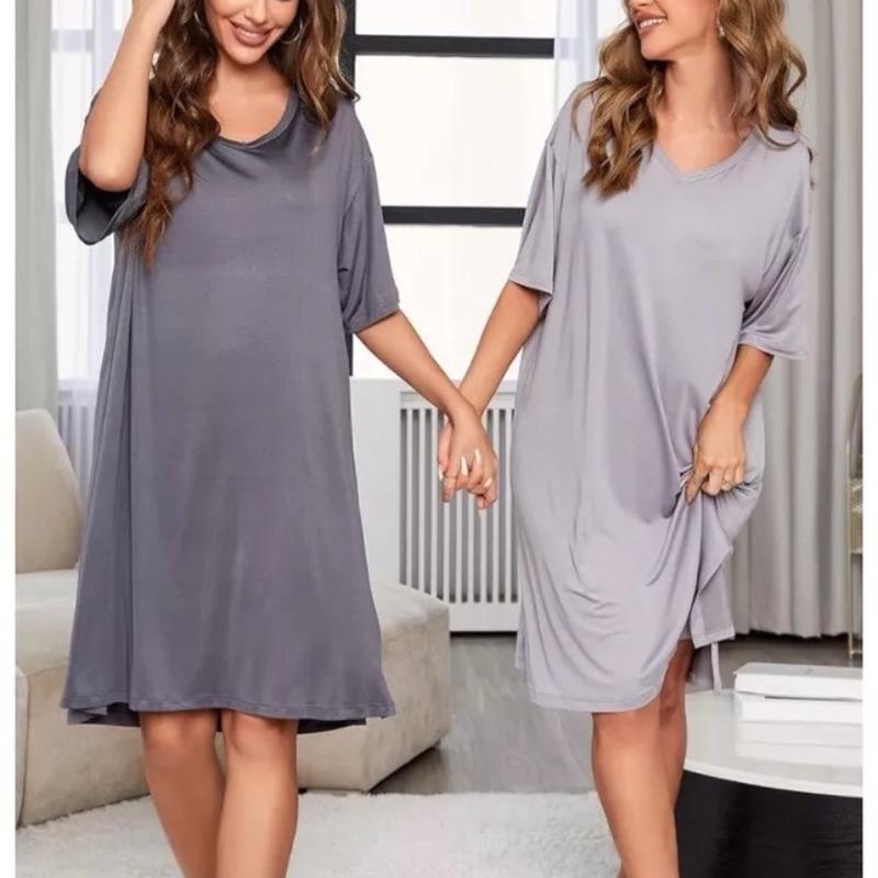 2-Pack Women Nightgowns Short Sleeve Dark & Light Grey Gray Oversized loungewear silky jersey material Dress nightwear silky