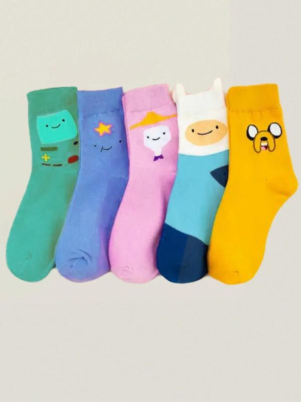 Women's Cartoon Adventure Time Print Mid-calf Socks, 10 Pairs Cute Comfortable Breathable Socks for Daily Wear, Women's Socks for All Seasons