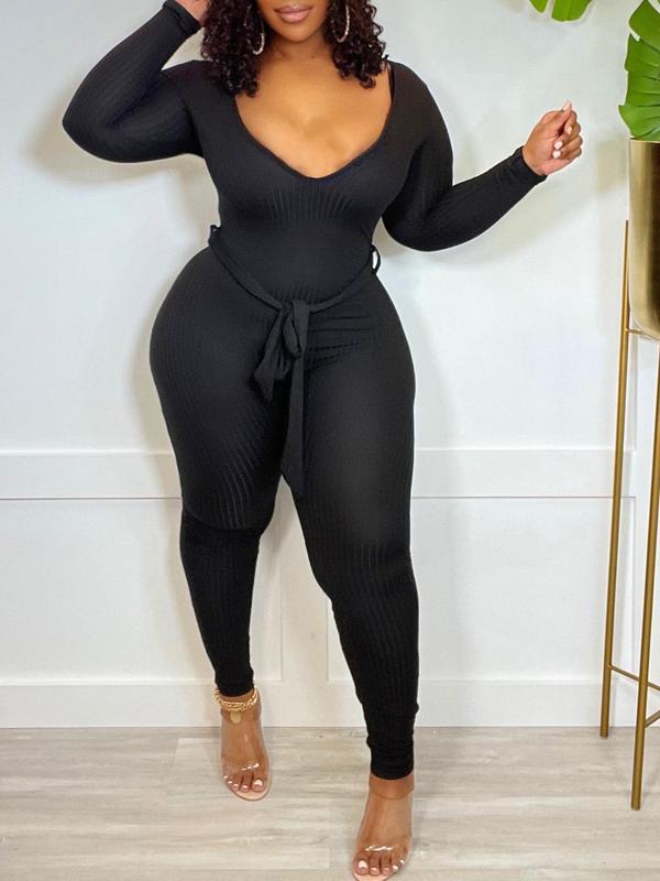 Women's Solid Belted Long Sleeve Jumpsuit, Elegant Deep V Neck Skinny Jumpsuit For Daily Wear, Jumpsuit for Women, Ladies' Clothes For All Seasons