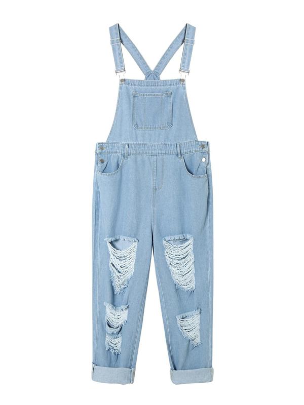  Solid Color Ripped Pocket Denim Overalls, Casual Fashionable Adjustable Strape Overalls Jumpsuit for Daily Wear, Women's Clothing for Summer