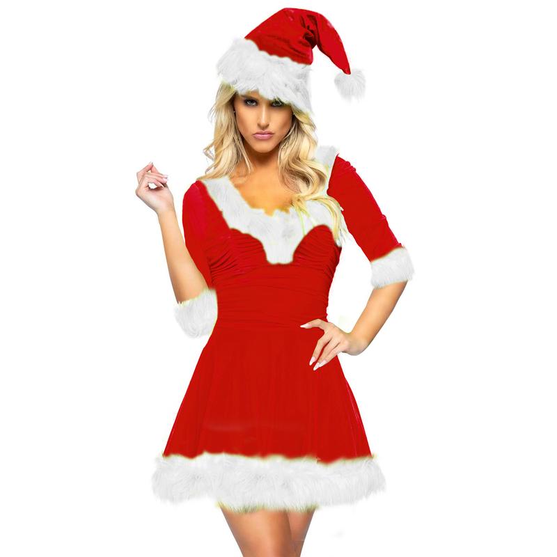 Christmas Santa Dress for Women, Plush Patchwork Half Sleeve V-Neck Classic Green Monster Costume Womenswear Accessories Clothing Outdoor