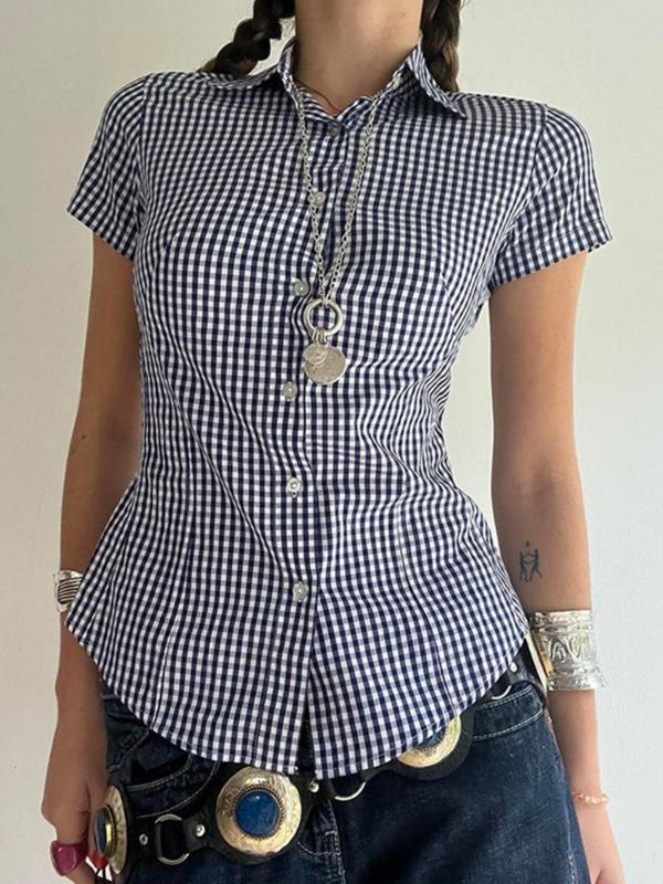 Women's Plaid Print Button Front Shirt, Casual Short Sleeve Collared Top for Summer, Ladies Clothes for Daily Wear