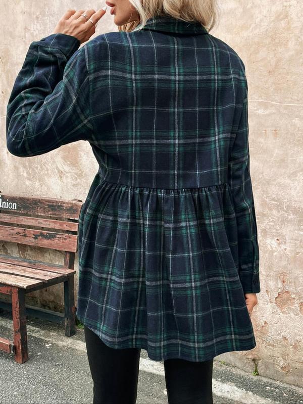  Plaid Print Button Front Pocket Shirt, Casual Long Sleeve Collared Top for Fall & Winter, Women's Clothes for Daily Wear