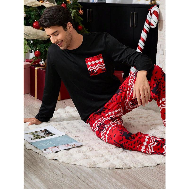 Shein CoupledUp Contrast Color Pocket Christmas Print Men Pajama Set Couple happy christmas matching christmas pajamas Wife family christmas pajamas Christmas Wife Fabric Long Sleeve Fabric Long Sleeve