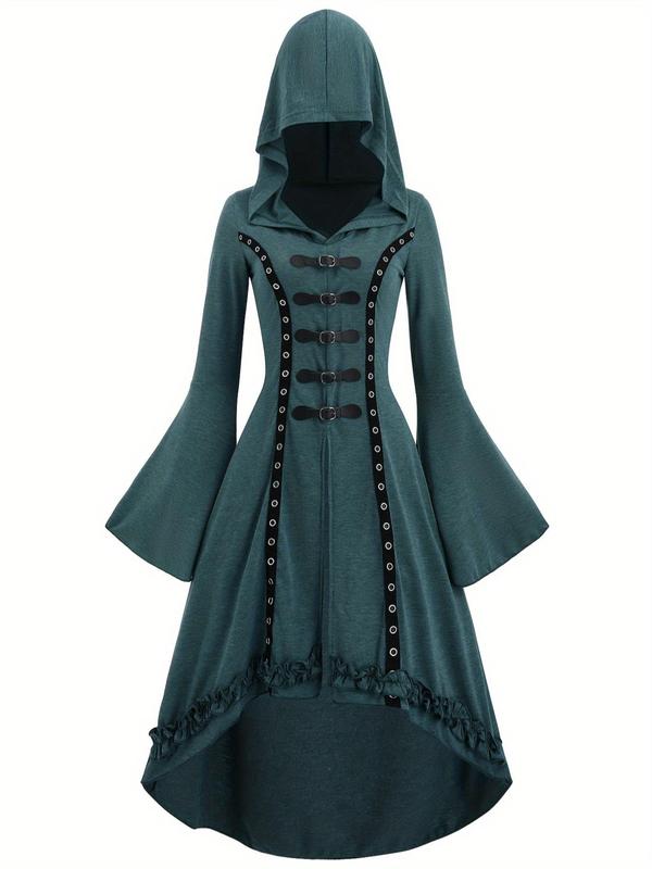 Women's Grommet Eyelet Buckle Decor Frill Trim High Low Hem Hooded Dress, Punk Fashion Flounce Sleeve A Line Dress for Party Holiday, Women's Clothing for Fall & Winter