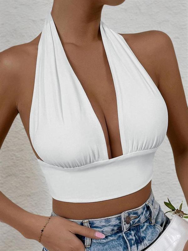 Women's Backless Tie Back Top, Casual Ruched Halter Neck Top, Summer Clothes Women, Ladies Clothes for Daily Wear