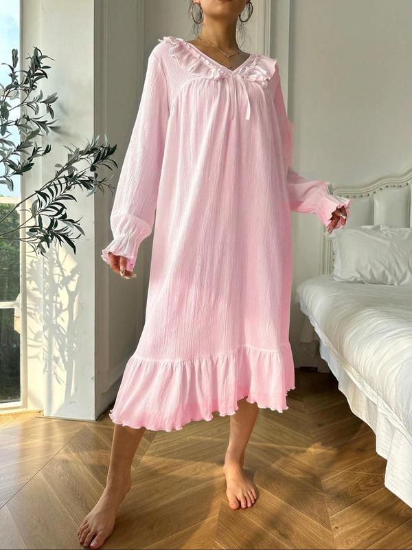 Women's Plain Bow Decor Ruffle Trim Flounce Sleeve Nightdress, Casual Long Sleeve V Neck Nightgown for Spring & Fall, Ladies Sleepwear for Indoor Wear