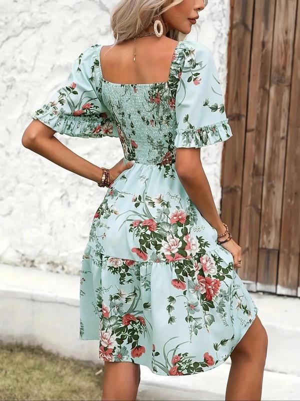 Women's Floral Print Ruffle Hem Shirred Vintage A Line Dress, Boho Romantic Flounce Sleeve Square Neck Short Dress for Beach Vacation Holiday, Frenchy Style Ladies Summer Clothes