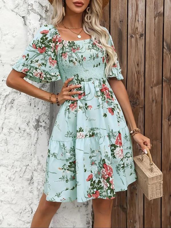 Women's Floral Print Ruffle Hem Shirred Vintage A Line Dress, Boho Romantic Flounce Sleeve Square Neck Short Dress for Beach Vacation Holiday, Frenchy Style Ladies Summer Clothes