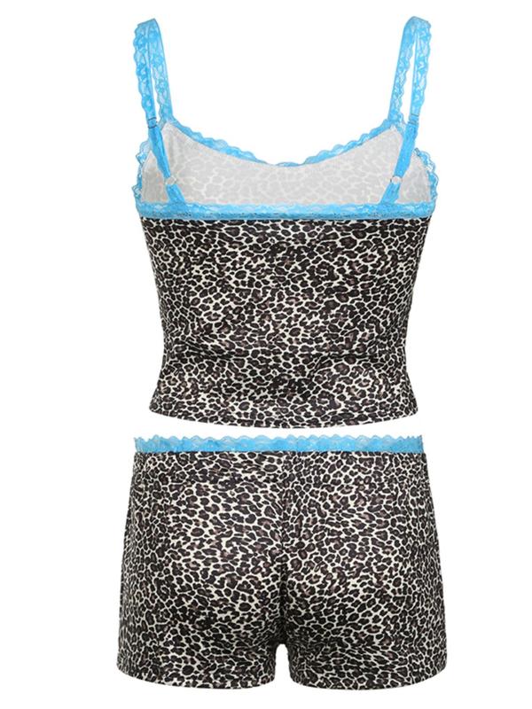 Women's Leopard Print Contrast Lace Cami Top & Shorts Set, Casual Spaghetti Strap Crop Camisole & Shorts 2 Piece Set for Summer, Two Piece Set Women, Summer Outfits 2024 Sets, Ladies Clothes for Daily Wear 90s Clothes  Gabi Outfits