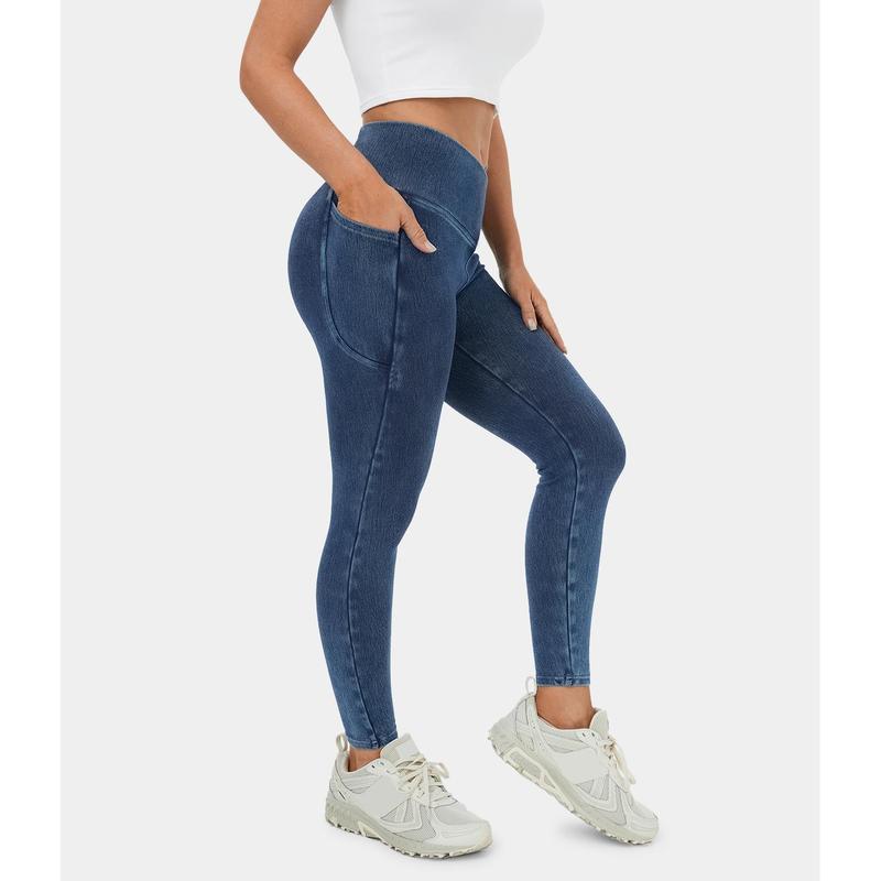 Halara Flex Crossover Side Pocket Washed Stretchy Knit Denim Work Leggings