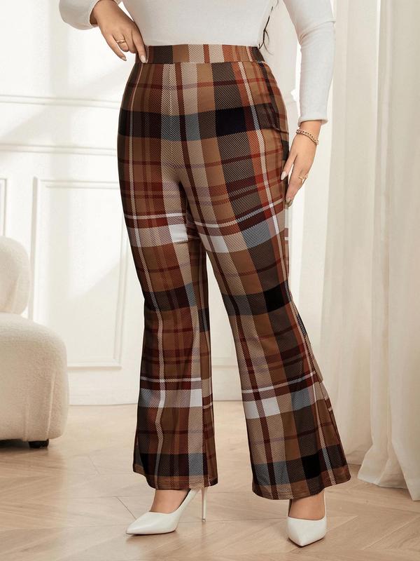 CURVZY Plus Size Plaid Print Flare Leg Pants, Casual Comfy Bell Bottom Trousers for Daily Wear, Women's Bottoms for Spring & Fall