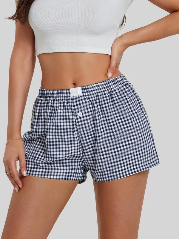 Women's Plaid Print Button Patched Straight Leg Shorts, Casual Comfy Elastic Waist Shorts for Summer, Fashion Women's Bottoms for Daily Wear, Gym Shorts Womenswear