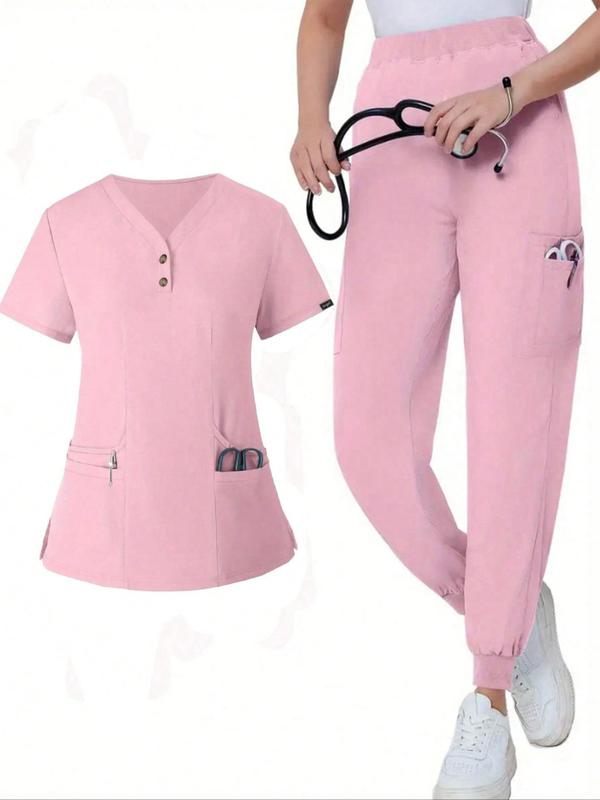 Two-Piece Set Women's Plain Letter Patched Tee & Pants, V Neck Tee & Elastic Waist Pants Set, Casual Pocket Split Hem Top & Trousers, Nurse Uniform for Summer