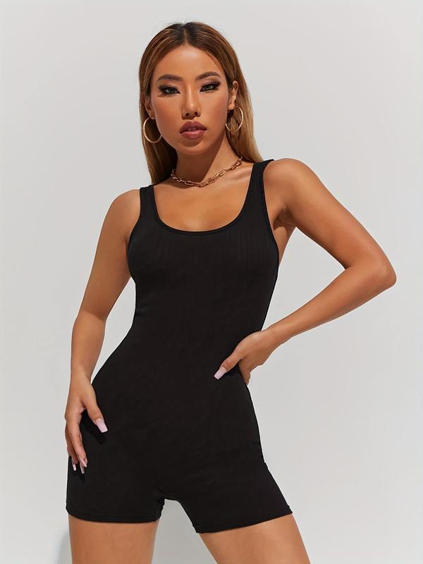 Women's Solid Ribbed Scoop Neck Romper, Casual Sleeveless Skinny Romper for Daily Wear, Ladies Clothes for All Seasons