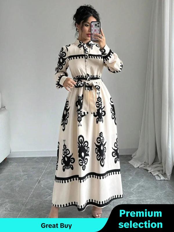 Women's Floral Print Button Front Belted Long Sleeves Shirt Dress, Boho Long Sleeve Collared Dress for Fall & Winter, Women's Clothes for Daily Wear