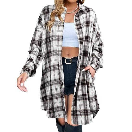 Blooming Jelly Women's Button Down Flannel Shirts Plaid Shacket Long Sleeve Collared Long Jacket Coats