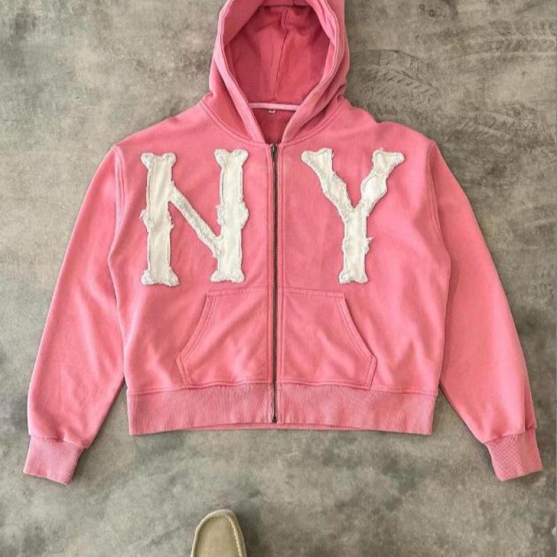 New York Unisex Letter Embroidery Trendy Hoodies Zip Up Casual Overlook Colorful Y2K Hip Hop Streetwear Harajuku Jacket