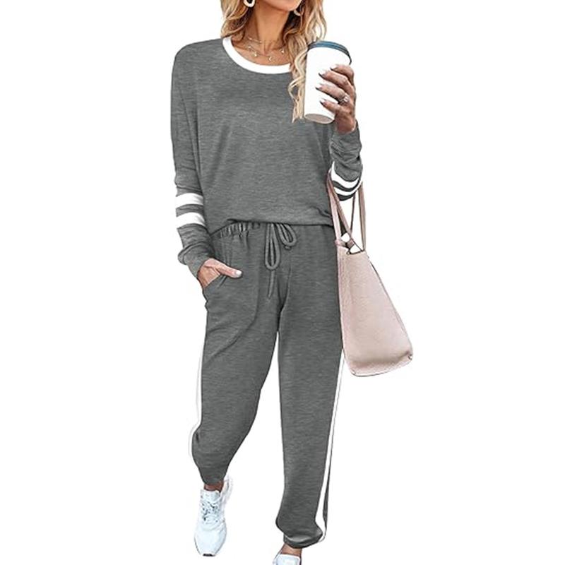 Women 2 Piece Outfits Sweatsuit Long Sleeve Round Neck Pullover Top Pocket Drawstring Pants Set, 2024 Comfortable Daily Basic Travel Outdoor Tracksuit